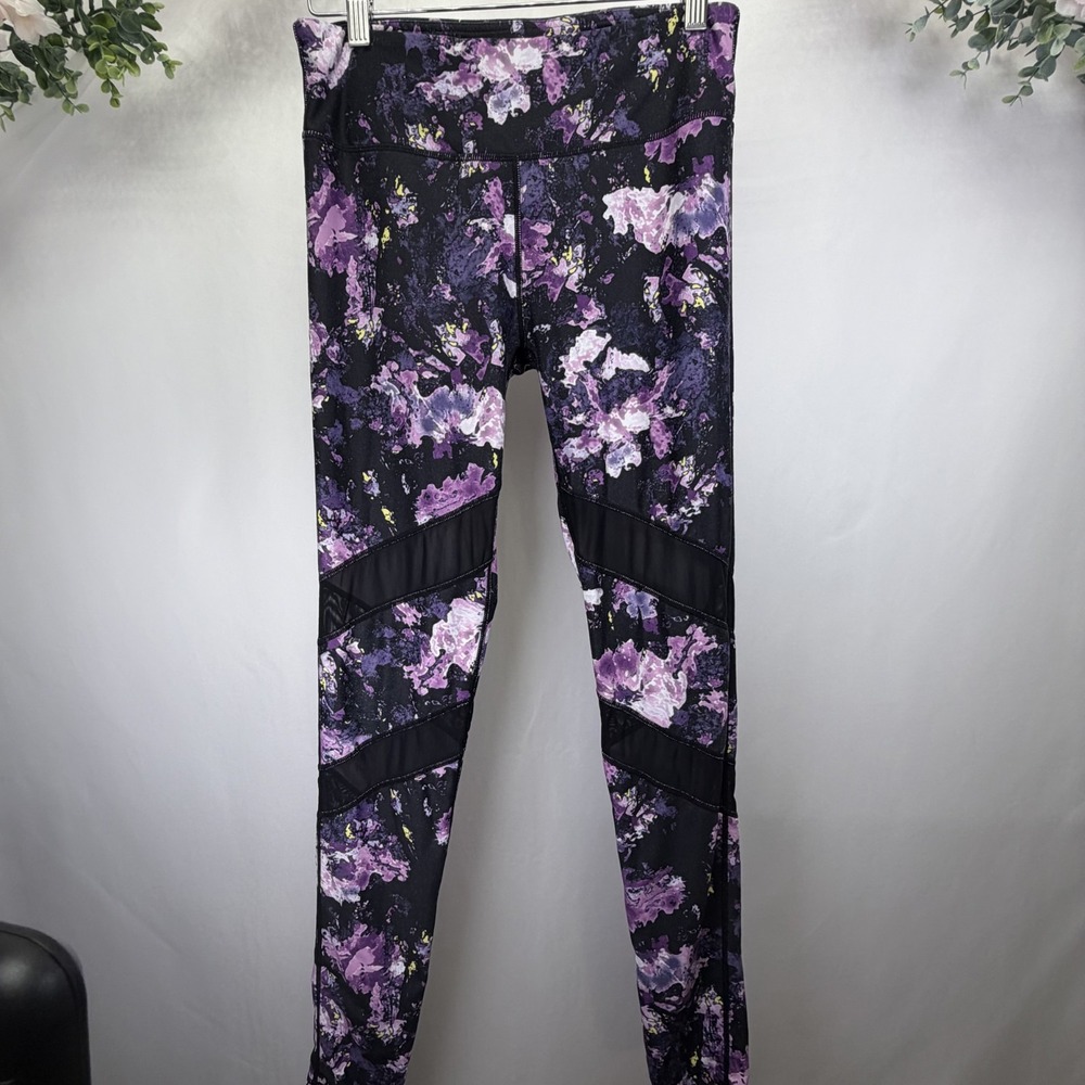 Fabletics Womens Leggings Mid Rise Waisted Floral Purple Mesh Size Small